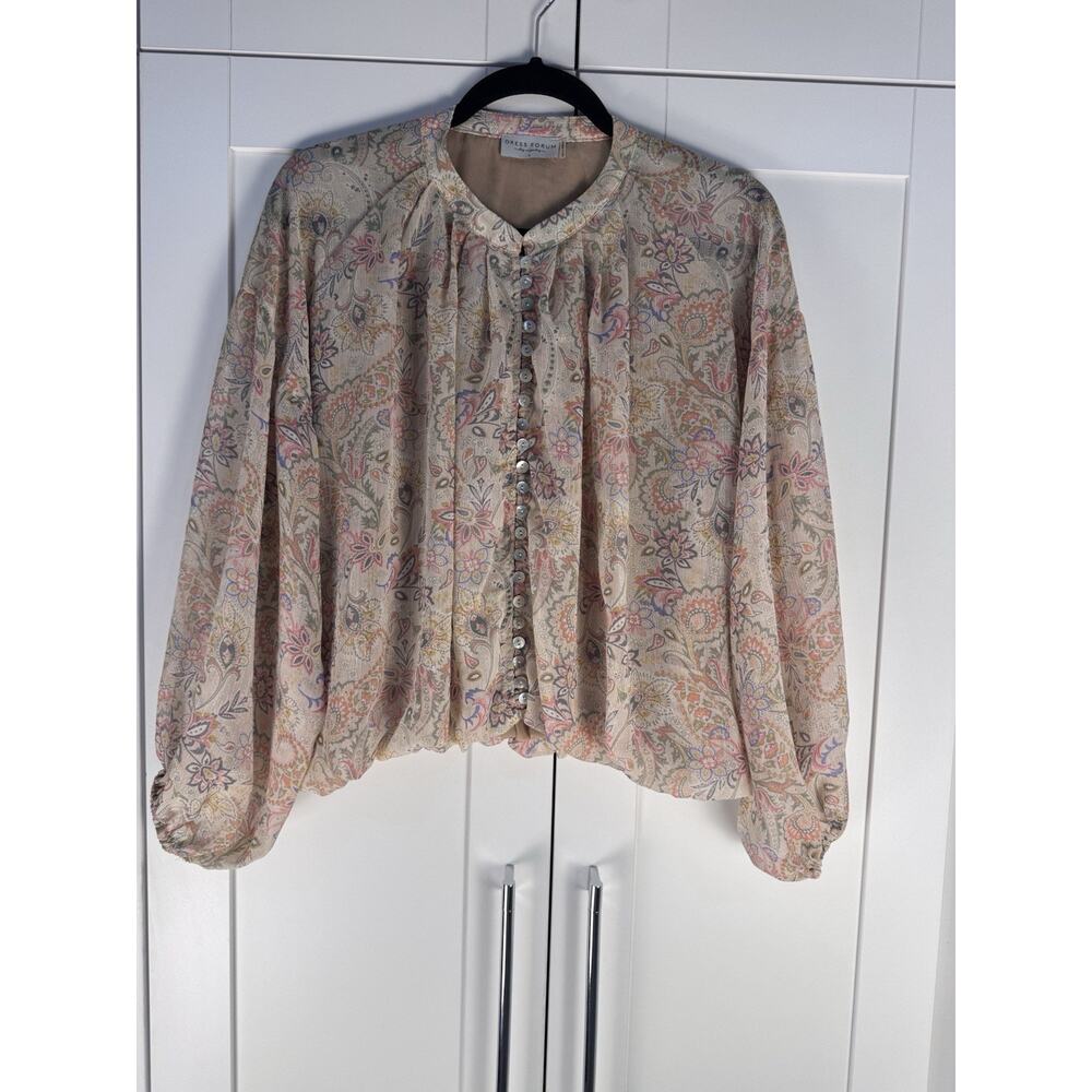 Dress Forum Paisley Boho Peasant Blouse Sz L Balloon Sleeve Button Front Top